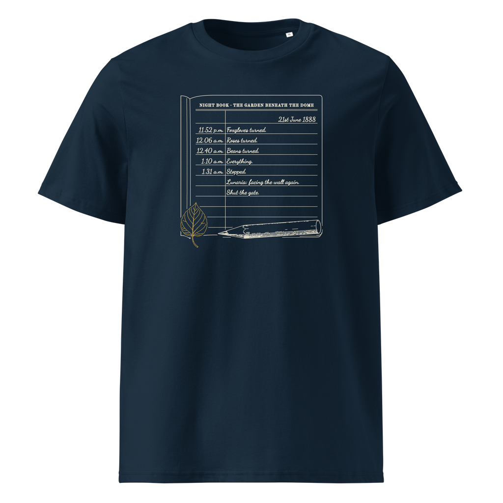 Night Book, Midsummer 1888 tee in French Navy, front view, the notebook page and gold leaf at centre chest