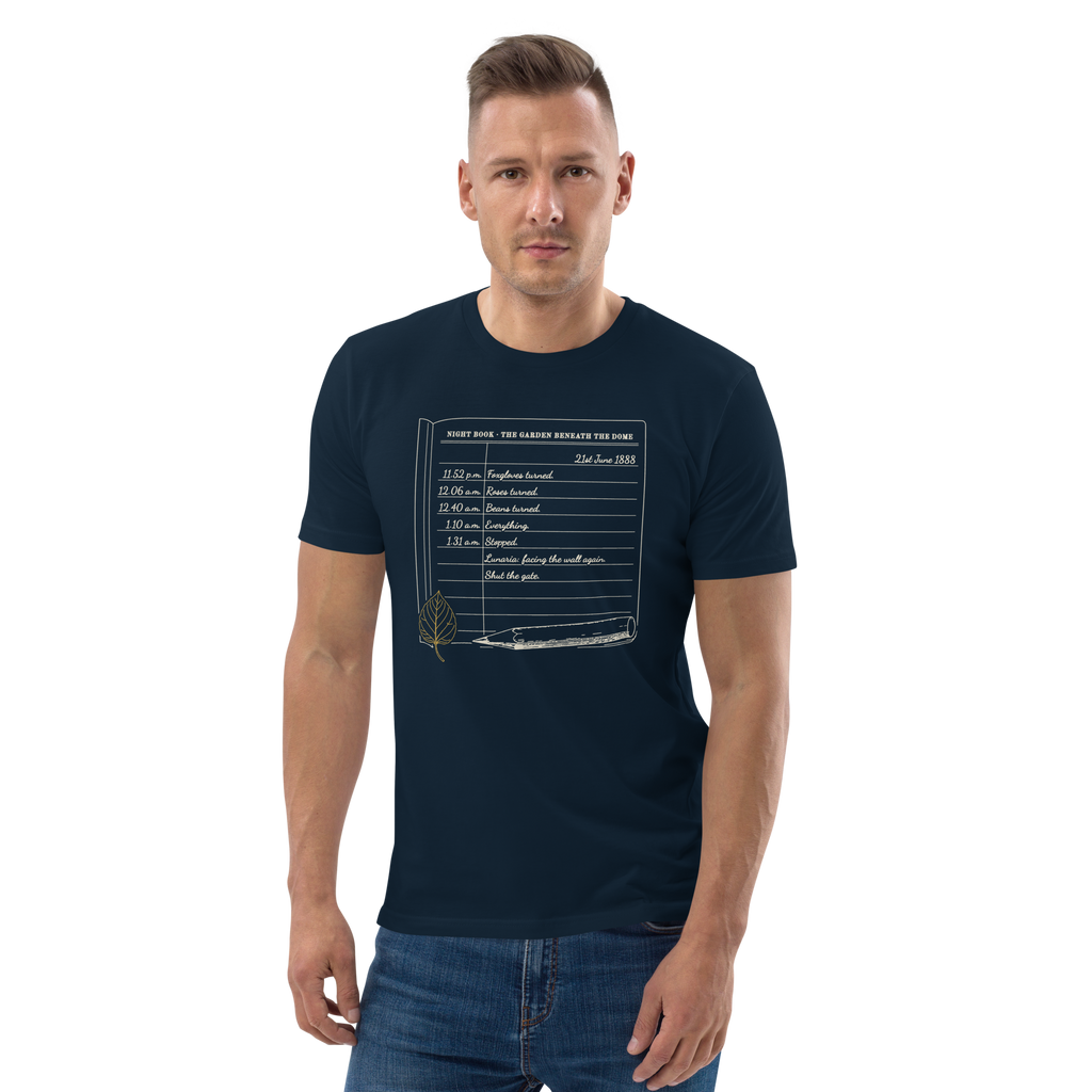 Model wearing the Night Book, Midsummer 1888 tee in French Navy, the notebook page and gold leaf at centre chest