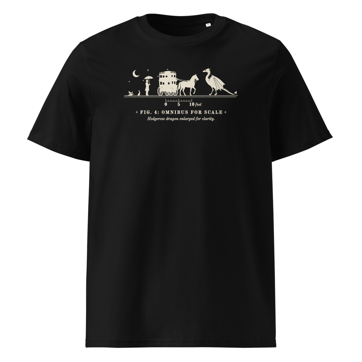 Omnibus for Scale tee in Black, front view, silhouettes of an omnibus and a winged drake at centre chest