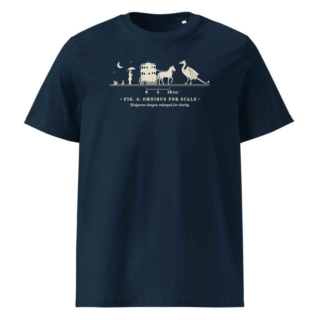 Omnibus for Scale tee in French Navy, front view, silhouettes of an omnibus and a winged drake at centre chest