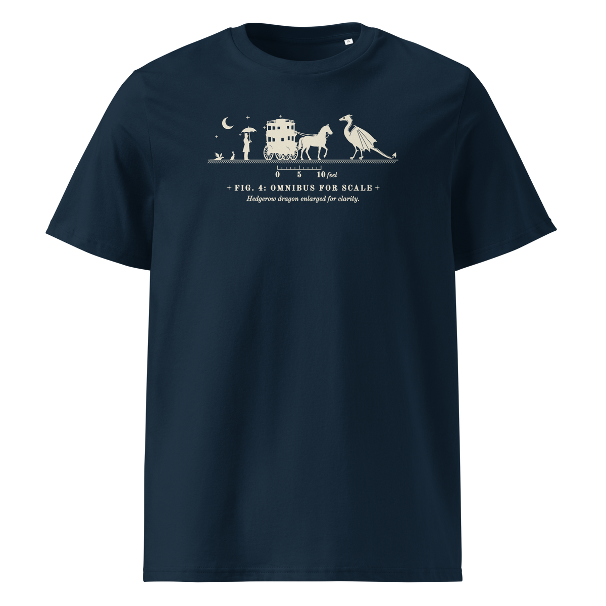 Omnibus for Scale tee in French Navy, front view, silhouettes of an omnibus and a winged drake at centre chest