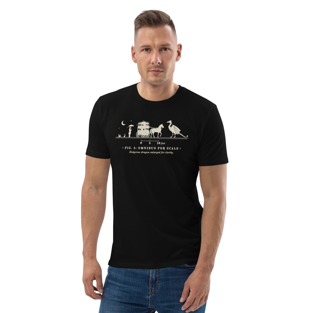 Model wearing the Omnibus for Scale tee in Black, silhouettes of an omnibus and a winged drake at centre chest