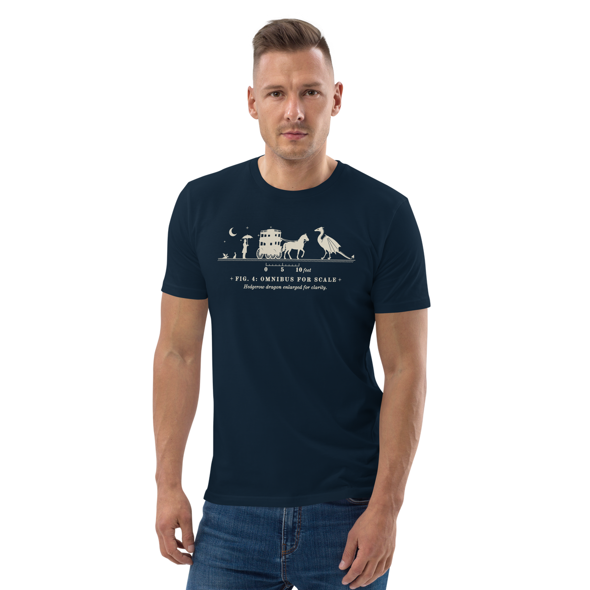 Model wearing the Omnibus for Scale tee in French Navy, silhouettes of an omnibus and a winged drake at centre chest