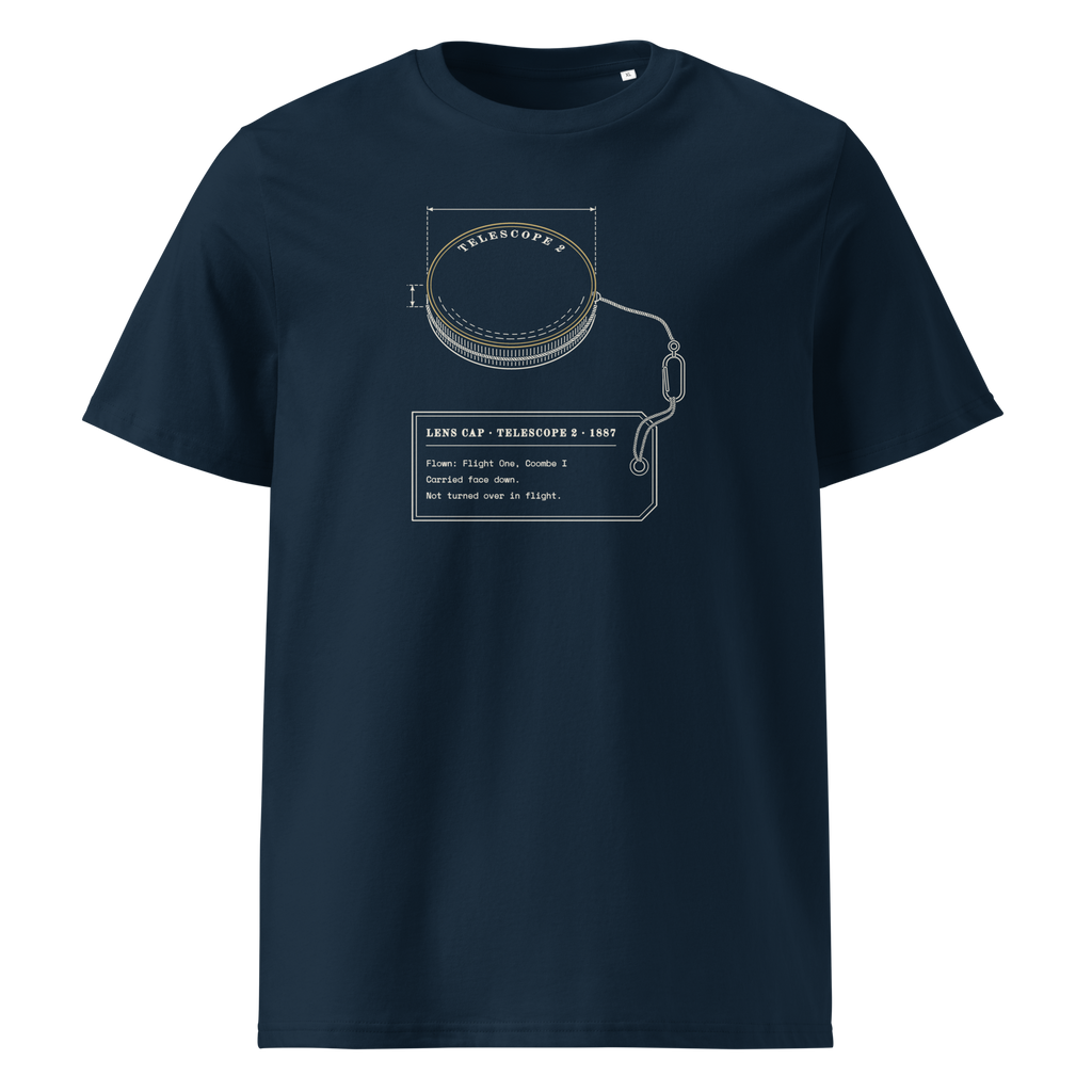 Lens Cap, Flown tee in French Navy, front view, the tethered lens cap and flight tag at centre chest