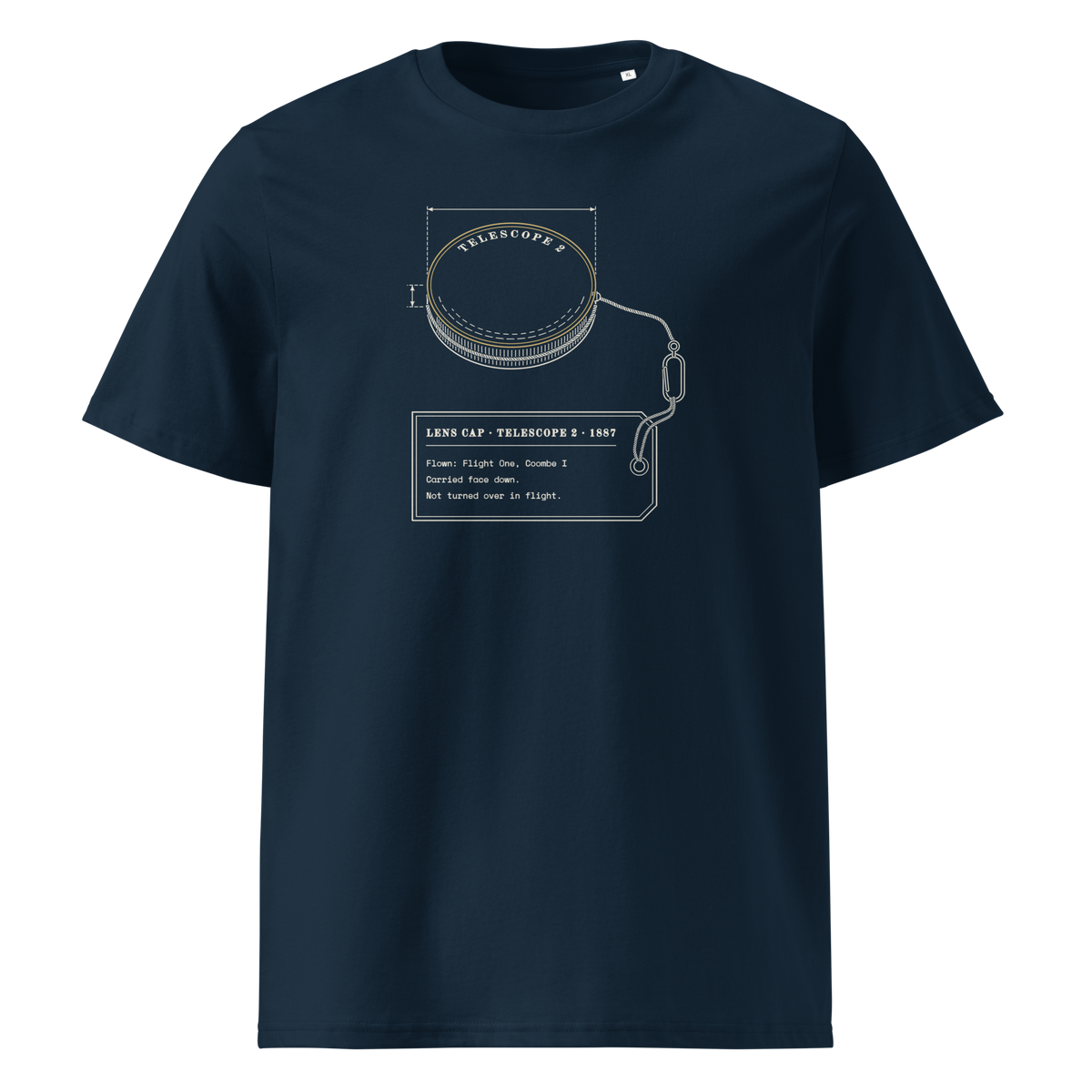 Lens Cap, Flown tee in French Navy, front view, the tethered lens cap and flight tag at centre chest