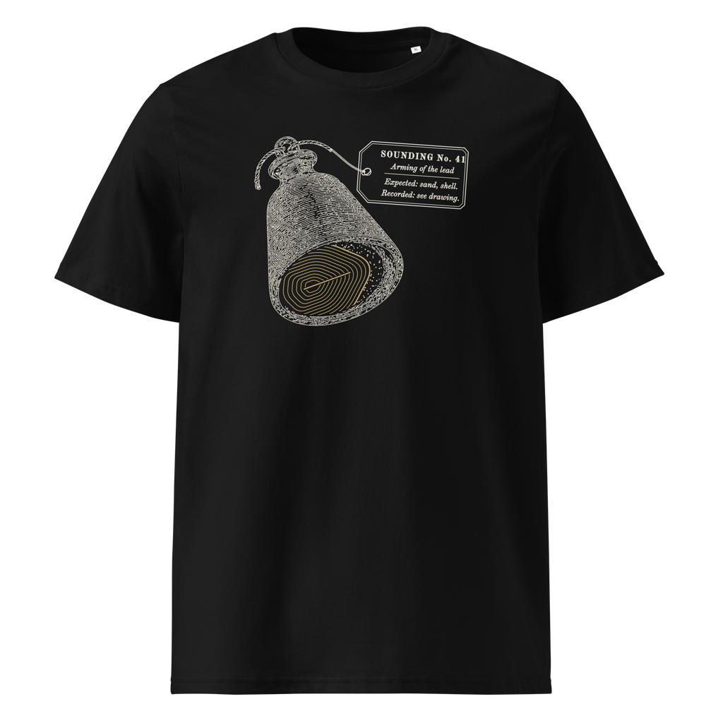What Came Up in the Tallow tee in Black, front view, the sounding lead and gold scale print at centre chest