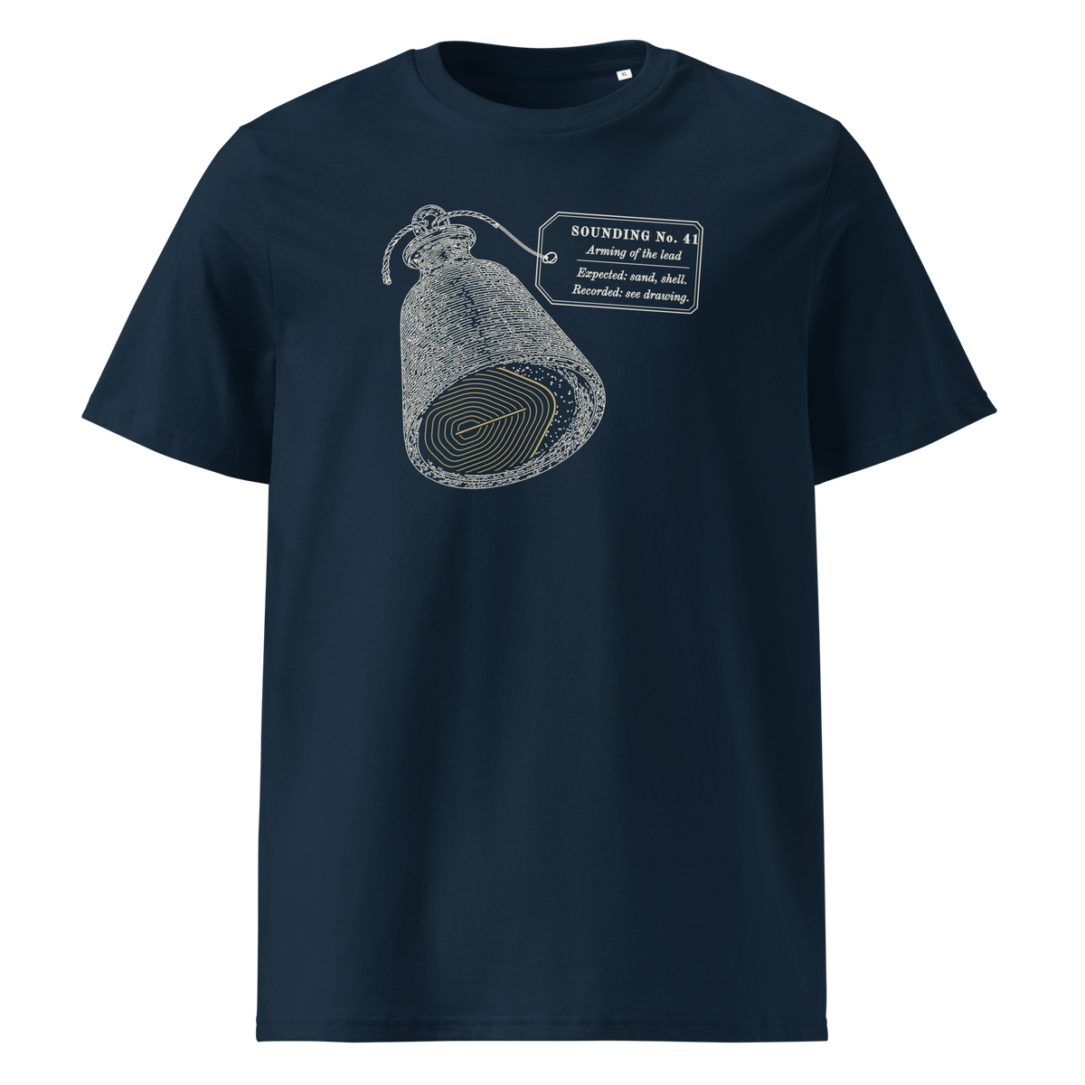 What Came Up in the Tallow tee in French Navy, front view, the sounding lead and gold scale print at centre chest