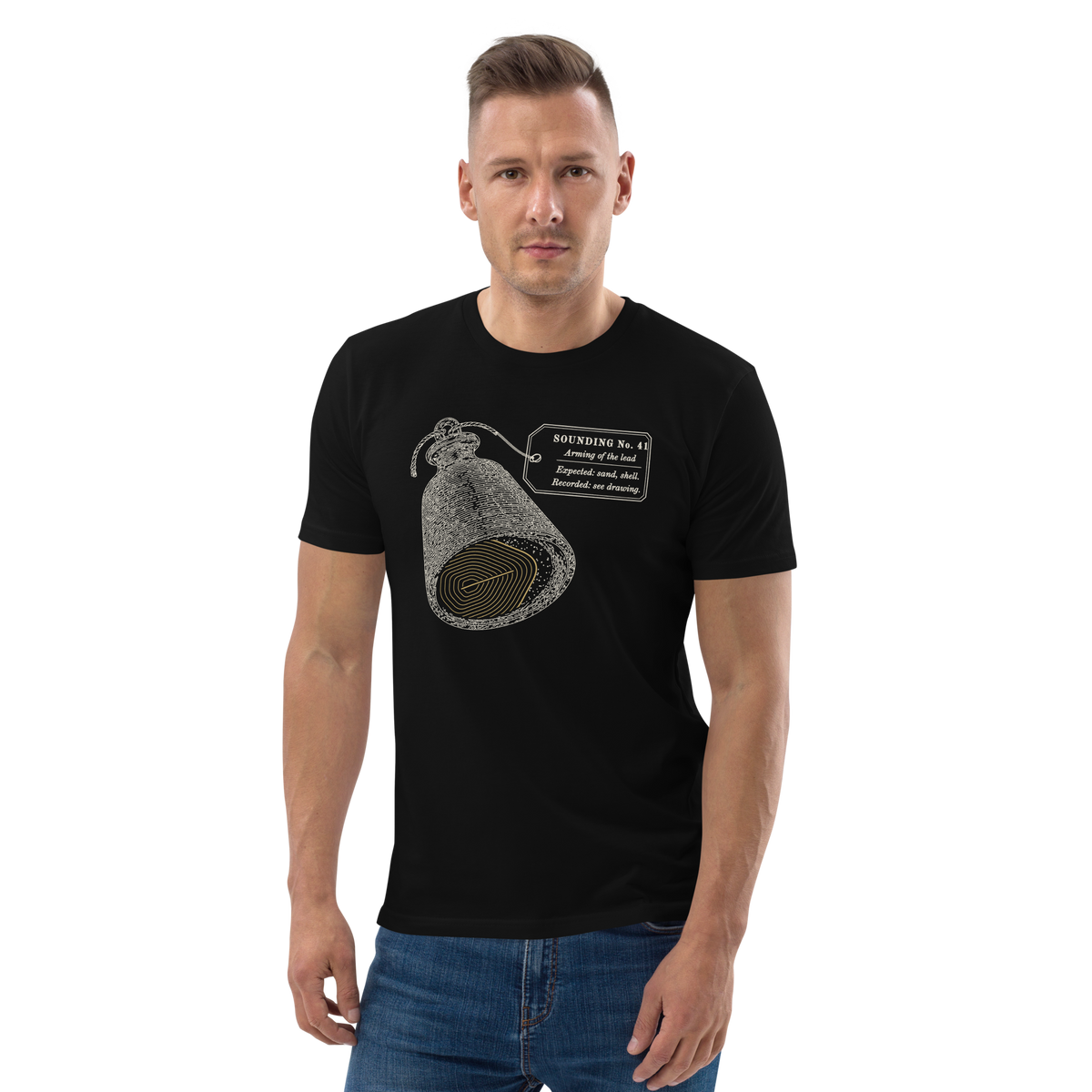 Model wearing the What Came Up in the Tallow tee in Black, the sounding lead and gold scale print at centre chest