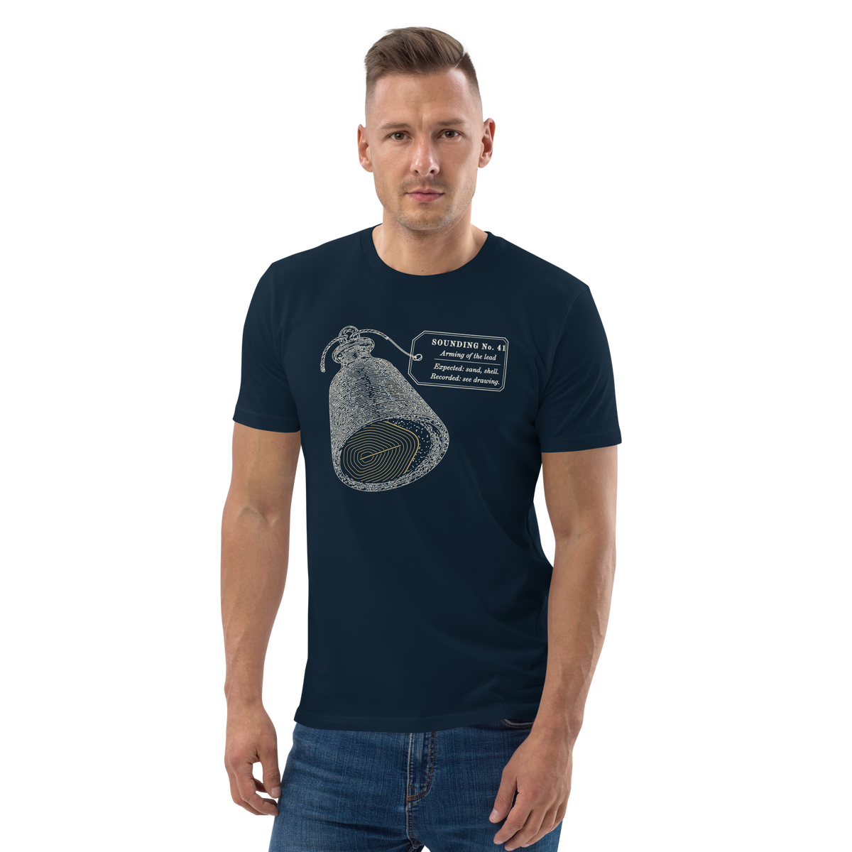 Model wearing the What Came Up in the Tallow tee in French Navy, the sounding lead and gold scale print at centre chest