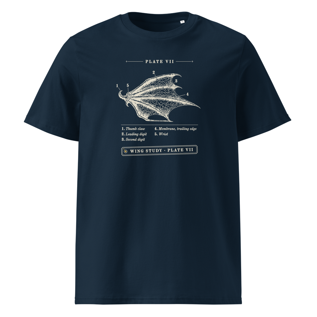 Wing Study, Plate VII tee in French Navy, front view, engraved dragon wing with five numbered callouts at centre chest