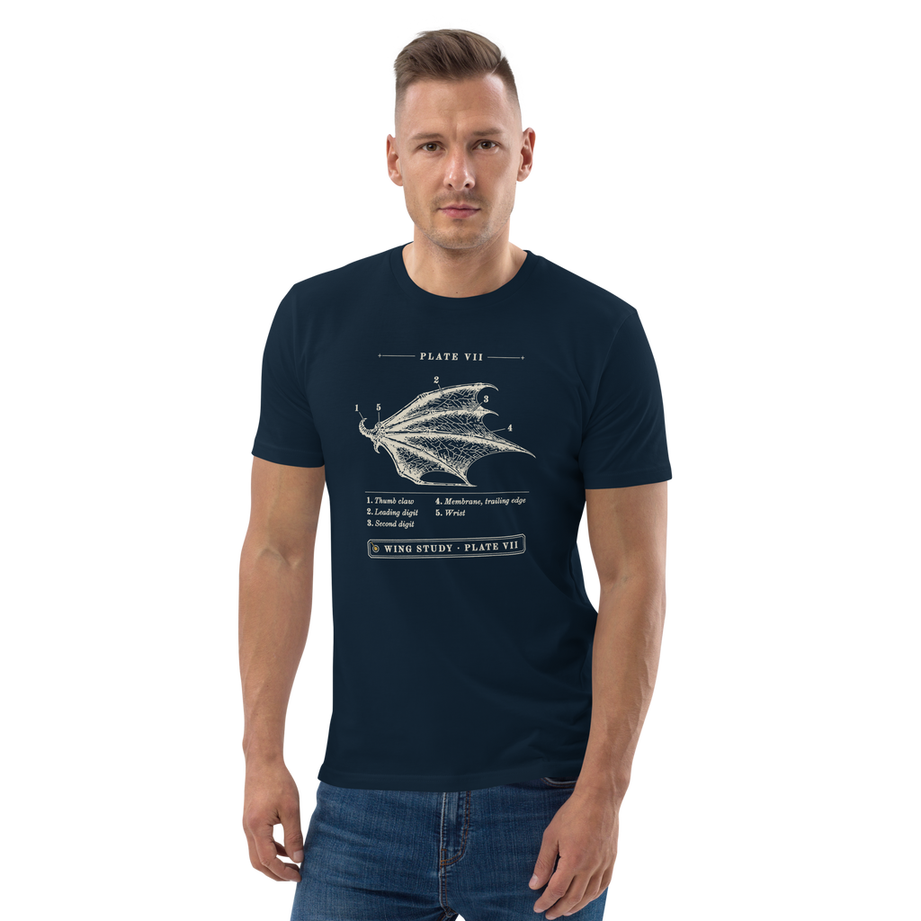 Model wearing the Wing Study, Plate VII tee in French Navy, engraved dragon wing with five numbered callouts at centre chest