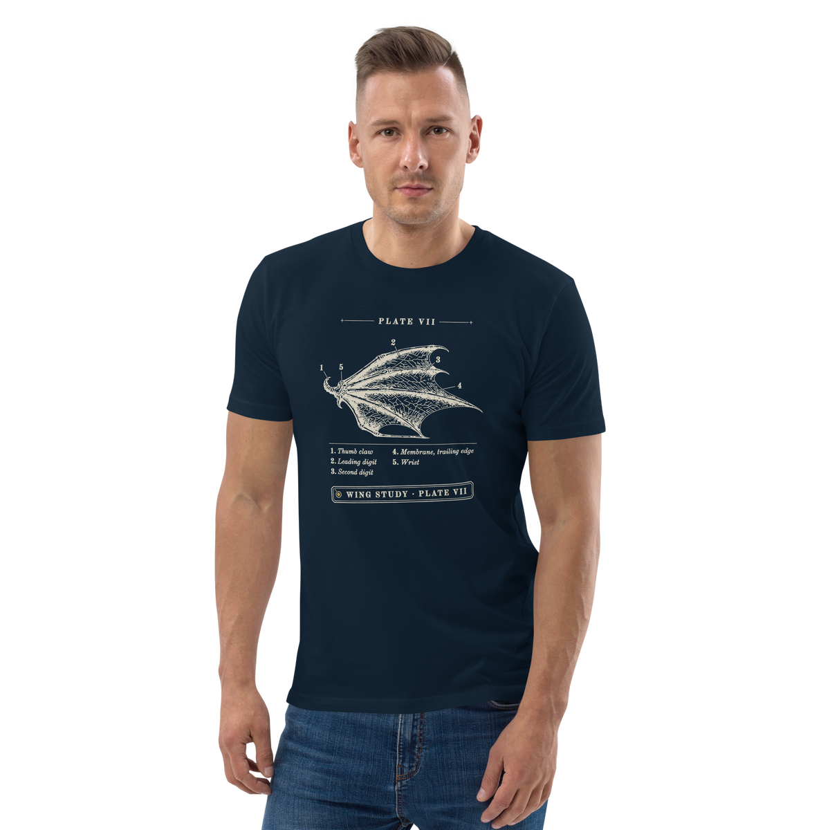 Model wearing the Wing Study, Plate VII tee in French Navy, engraved dragon wing with five numbered callouts at centre chest