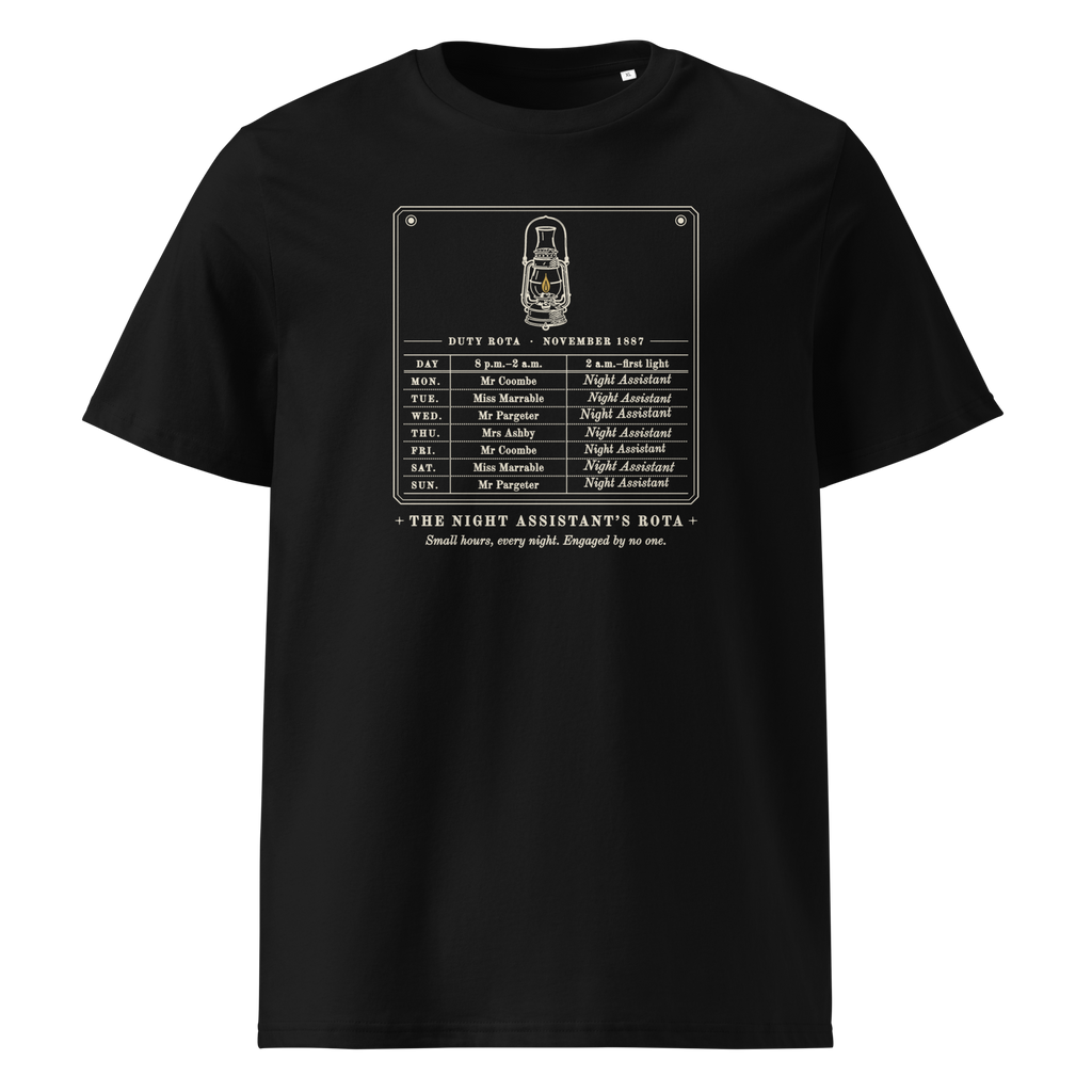 The Night Assistant's Rota tee in Black, front view, the rota and gold lantern at centre chest