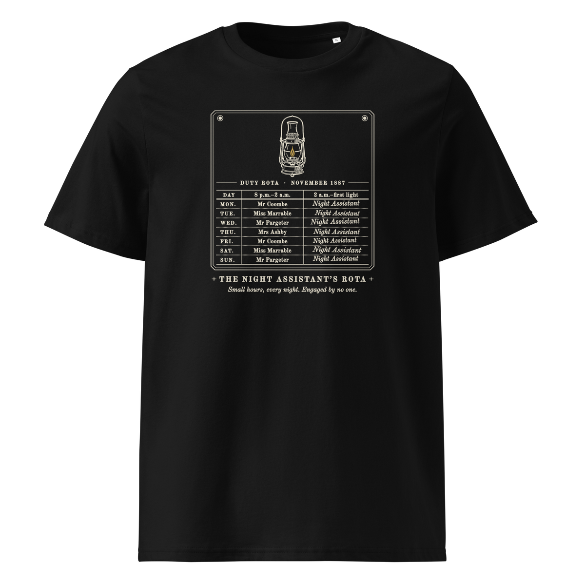 The Night Assistant's Rota tee in Black, front view, the rota and gold lantern at centre chest