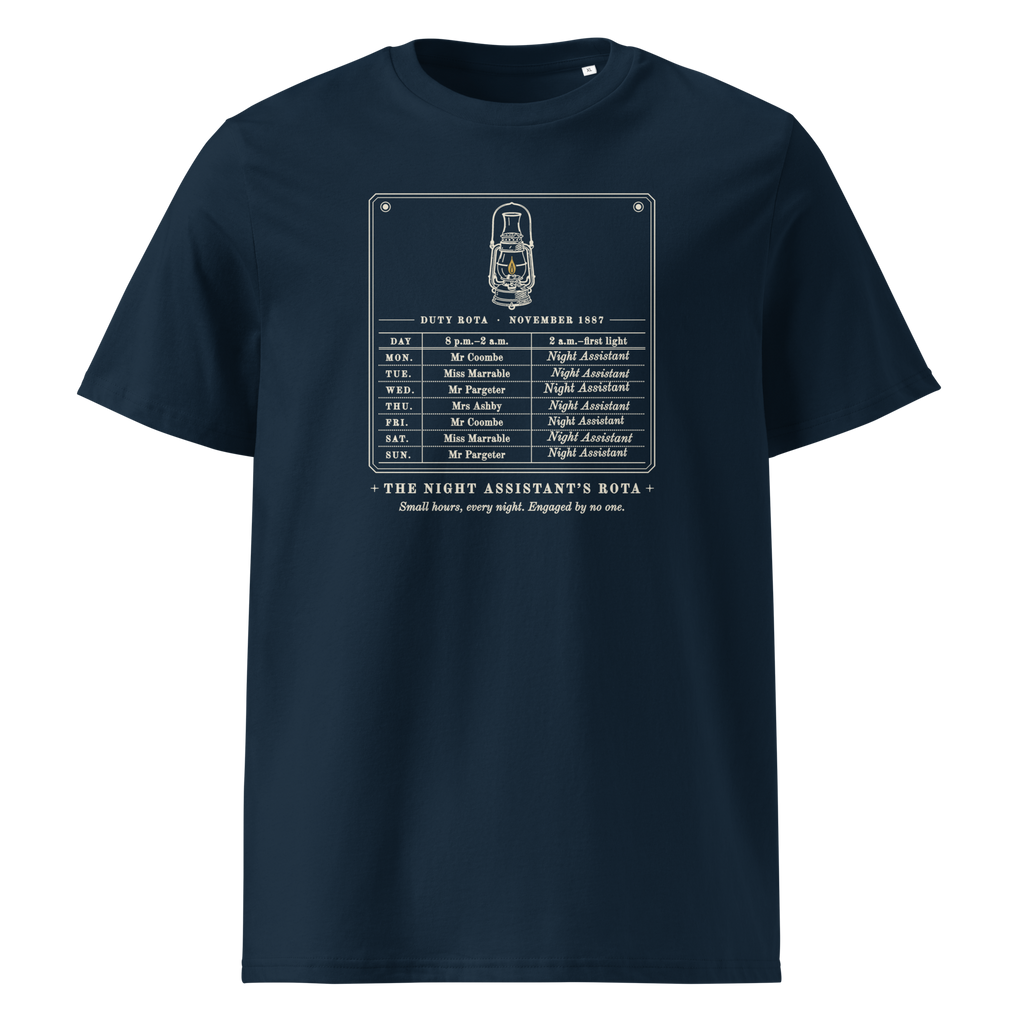 The Night Assistant's Rota tee in French Navy, front view, the rota and gold lantern at centre chest