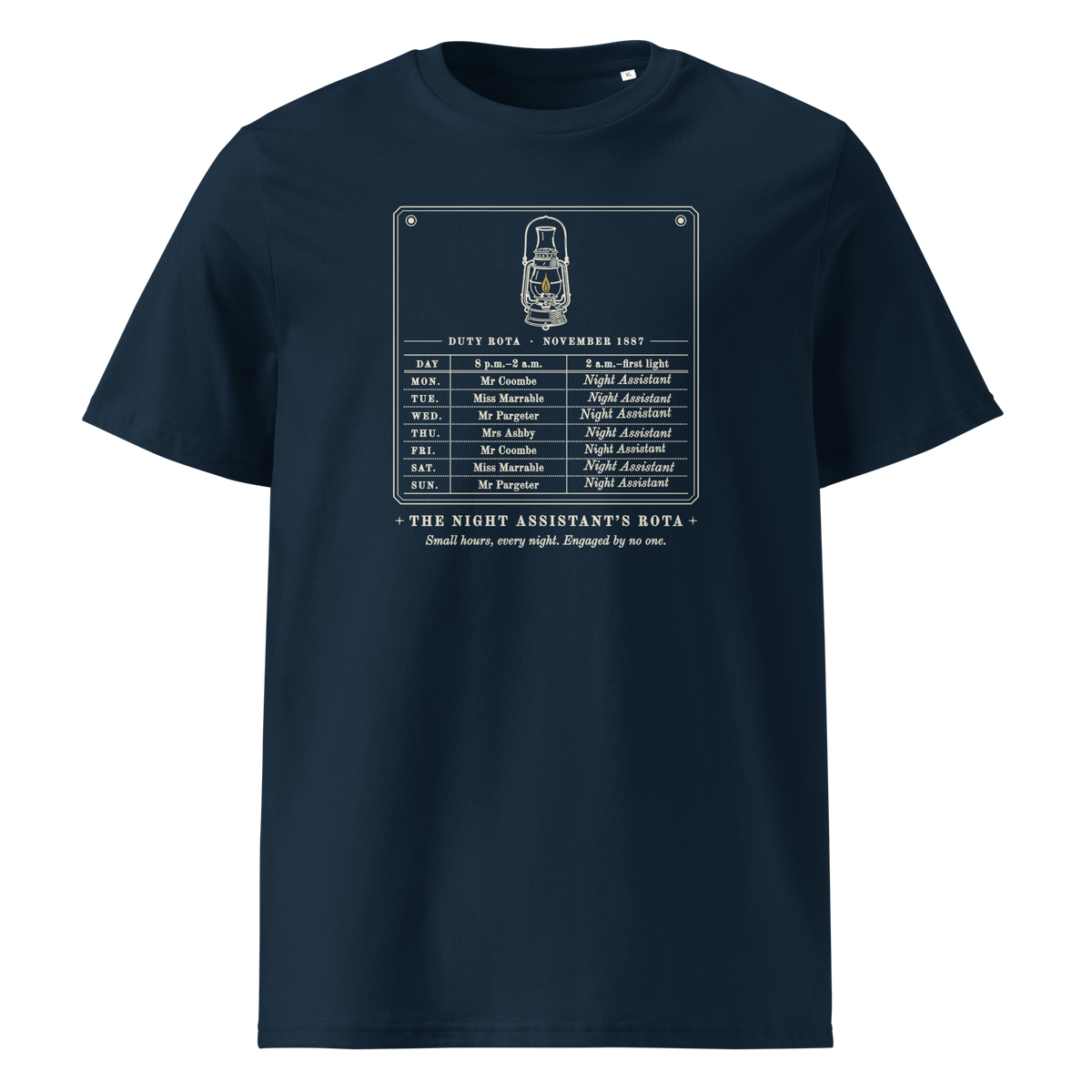 The Night Assistant's Rota tee in French Navy, front view, the rota and gold lantern at centre chest