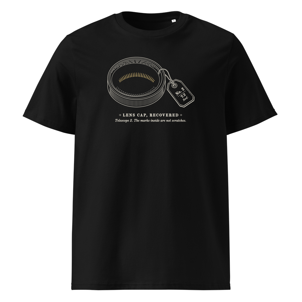 Lens Cap, Recovered tee in Black, front view, the brass cap and museum tag at centre chest