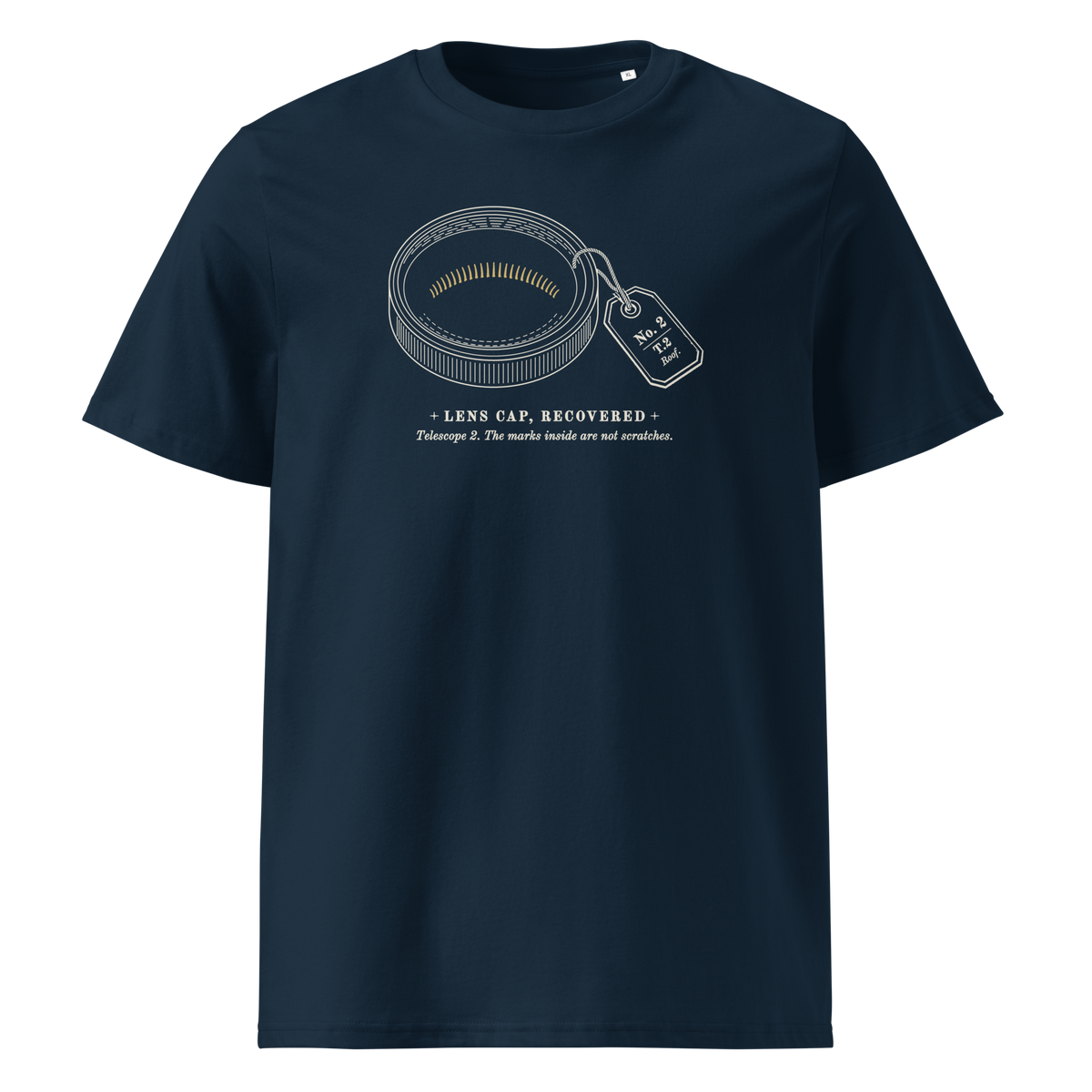 Lens Cap, Recovered tee in French Navy, front view, the brass cap and museum tag at centre chest