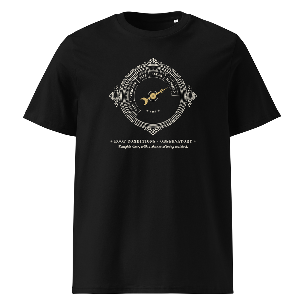 Roof Conditions, Observatory tee in Black, front view, the roof dial and gold needle at centre chest