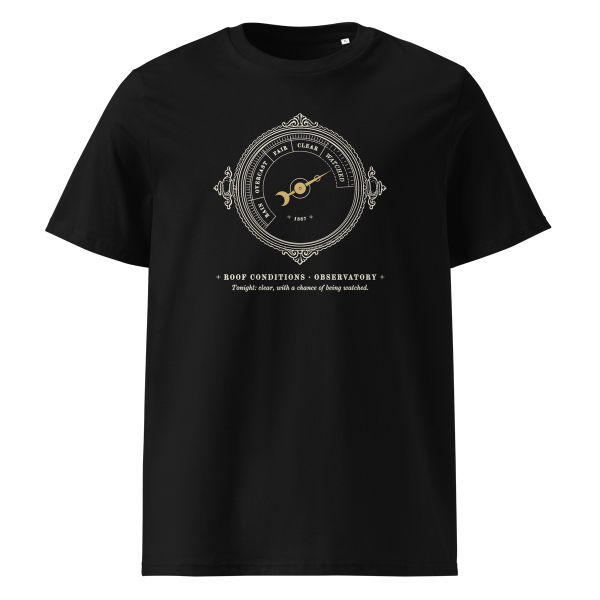 Roof Conditions, Observatory tee in Black, front view, the roof dial and gold needle at centre chest