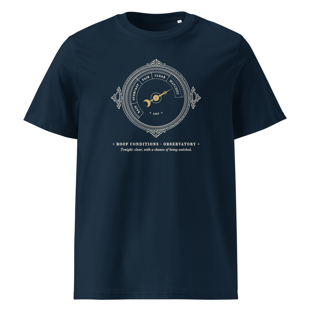 Roof Conditions, Observatory tee in French Navy, front view, the roof dial and gold needle at centre chest