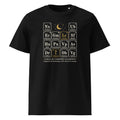 Table of Unknown Elements t-shirt in Black: engraved periodic table of made-up elements and a gold tile marked Unknown