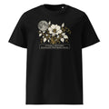 Lunaria Nocturna t-shirt in Black: engraved night flower with gold tendrils beside a full moon above a specimen label