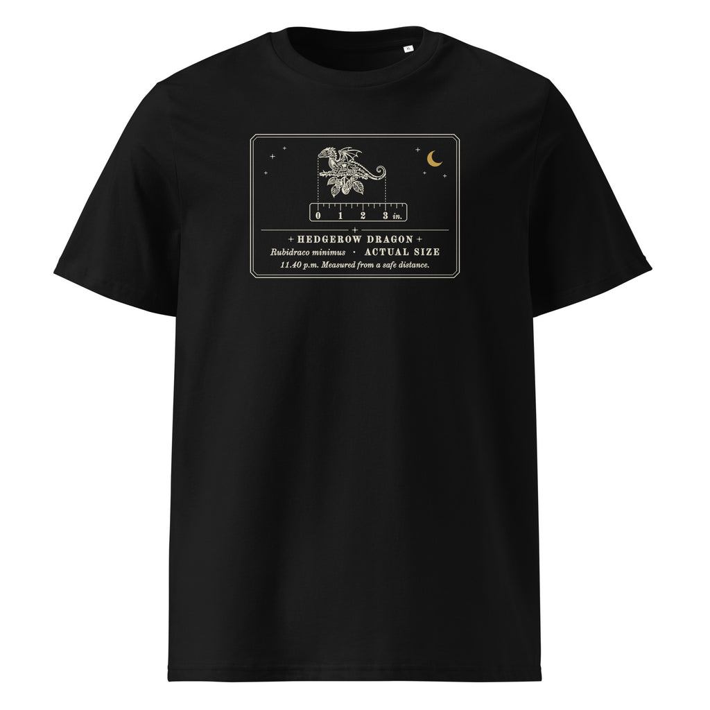 Hedgerow Dragon (Actual Size) t-shirt in Black: engraved tiny dragon on a bramble twig above a 0–3 inch ruler