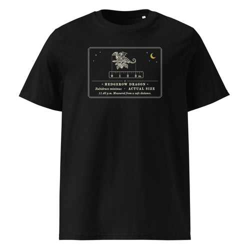 Hedgerow Dragon (Actual Size) t-shirt in Black: engraved tiny dragon on a bramble twig above a 0–3 inch ruler
