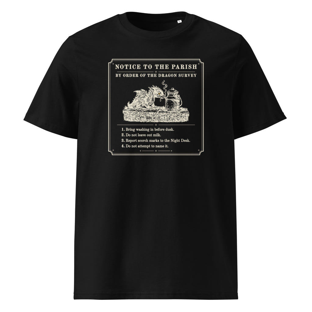 Notice to the Parish t-shirt in Black: Victorian notice, woodcut dragon sniffing a milk can, four numbered rules