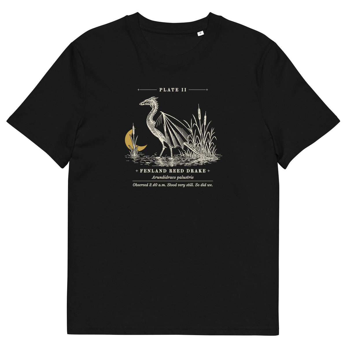 Fenland Reed Drake t-shirt in Black: engraved winged reed drake wading in reeds under a low gold moon