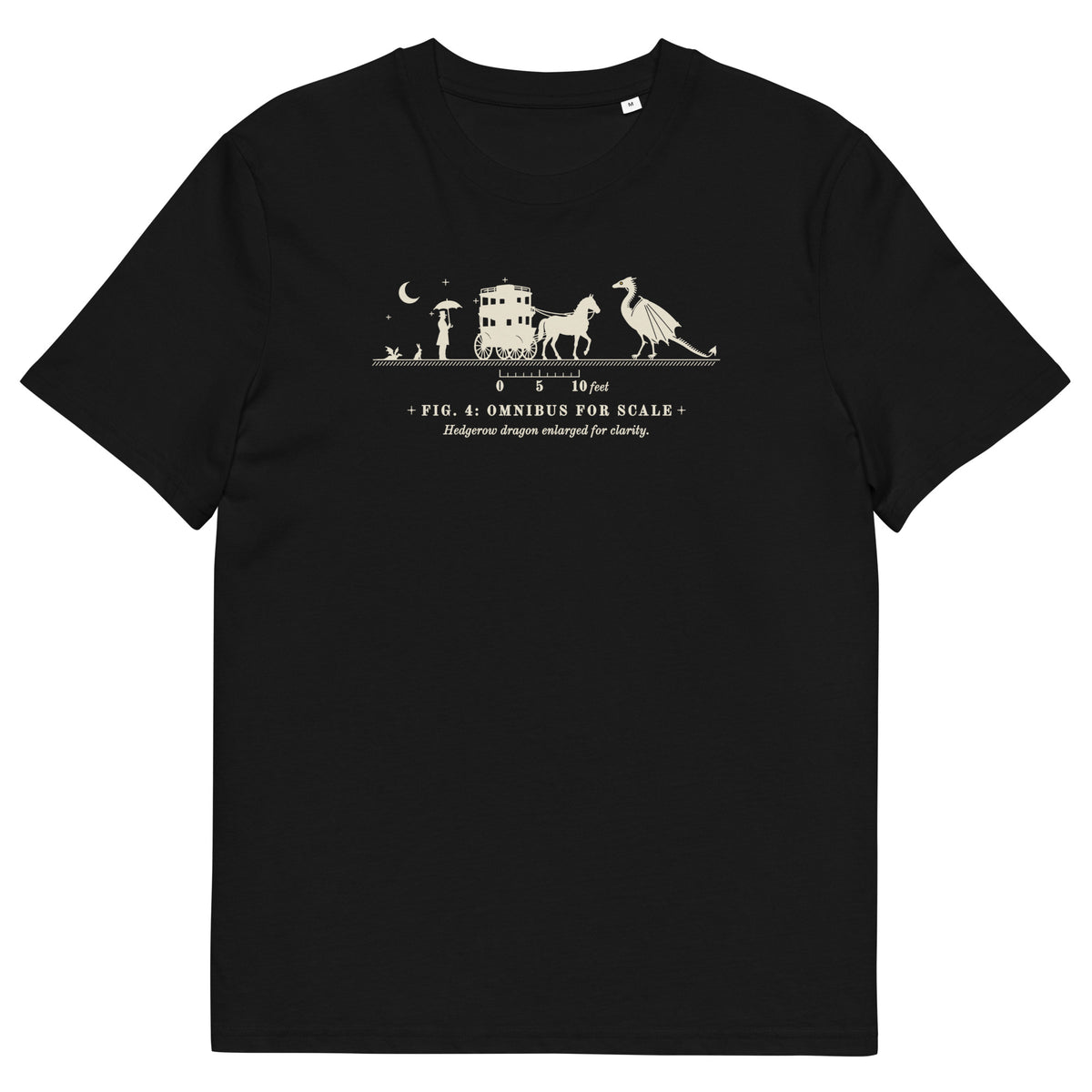 Omnibus for Scale t-shirt in Black: silhouettes of a hare, surveyor, omnibus and winged drake above a 0–10 ft scale