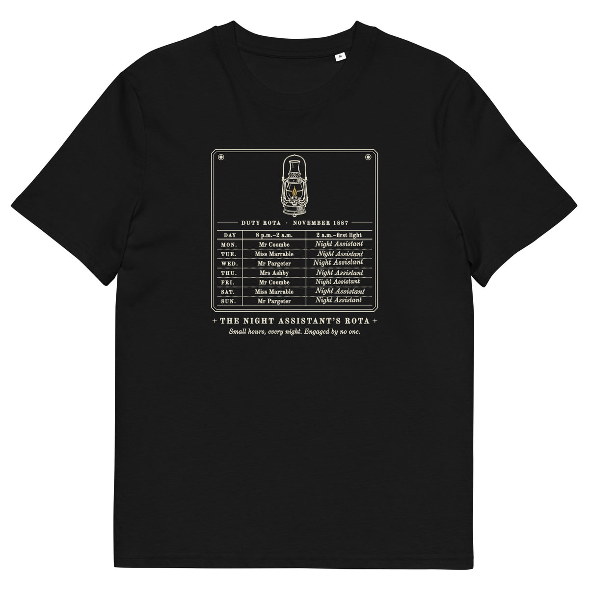 The Night Assistant's Rota t-shirt in Black: duty rota under a gold-flamed lantern, one name on every late shift