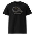 Lens Cap, Recovered t-shirt in Black: engraved brass lens cap, inside face up, with fine gold marks and a museum tag