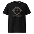 Roof Conditions, Observatory t-shirt in Black: engraved barometer dial, gold needle pointing past Clear to Watched