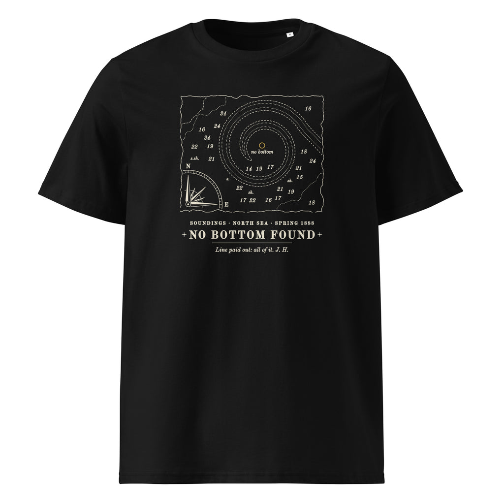 No Bottom Found t-shirt in Black: chart fragment, soundings and looping contours around a gold no-bottom mark