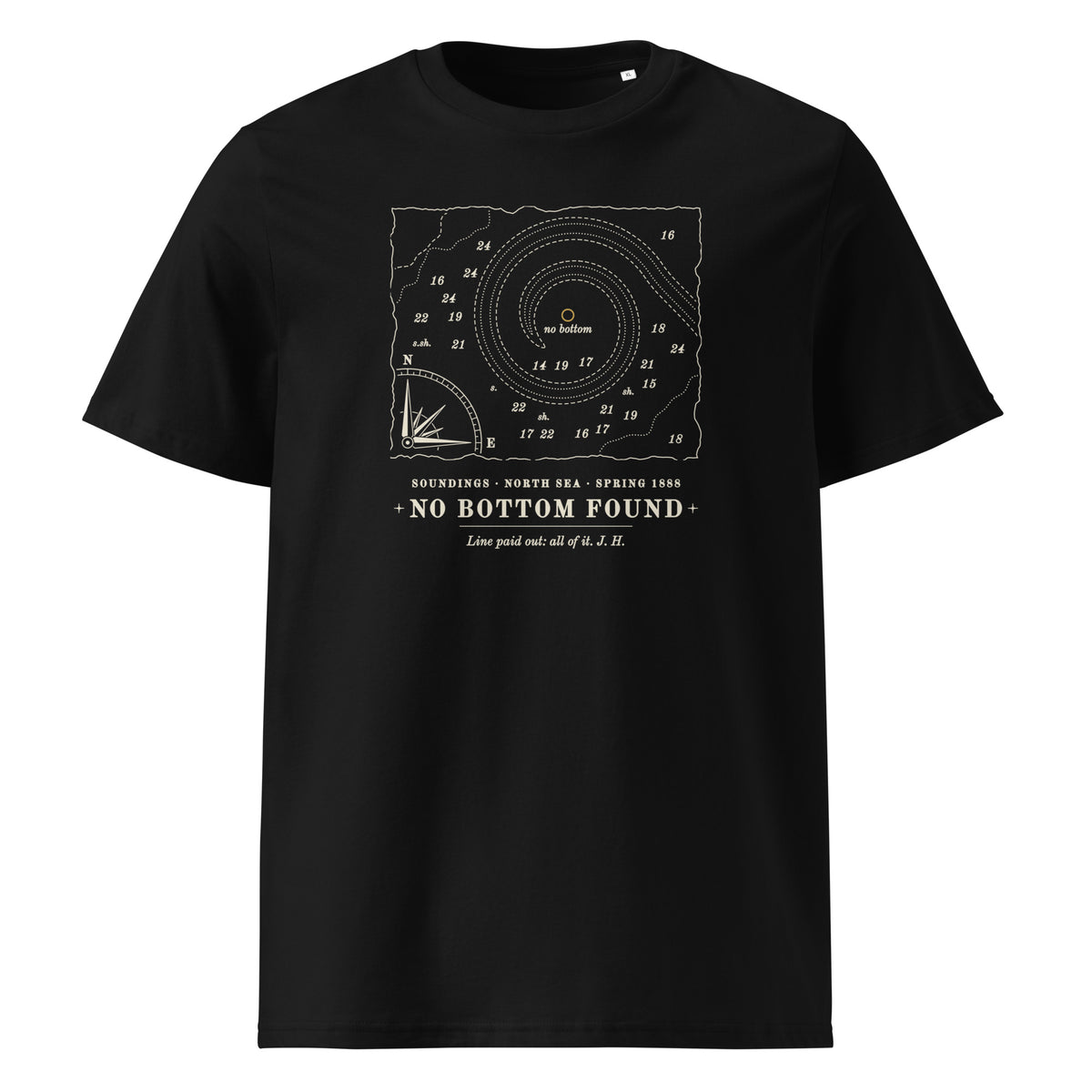 No Bottom Found t-shirt in Black: chart fragment, soundings and looping contours around a gold no-bottom mark