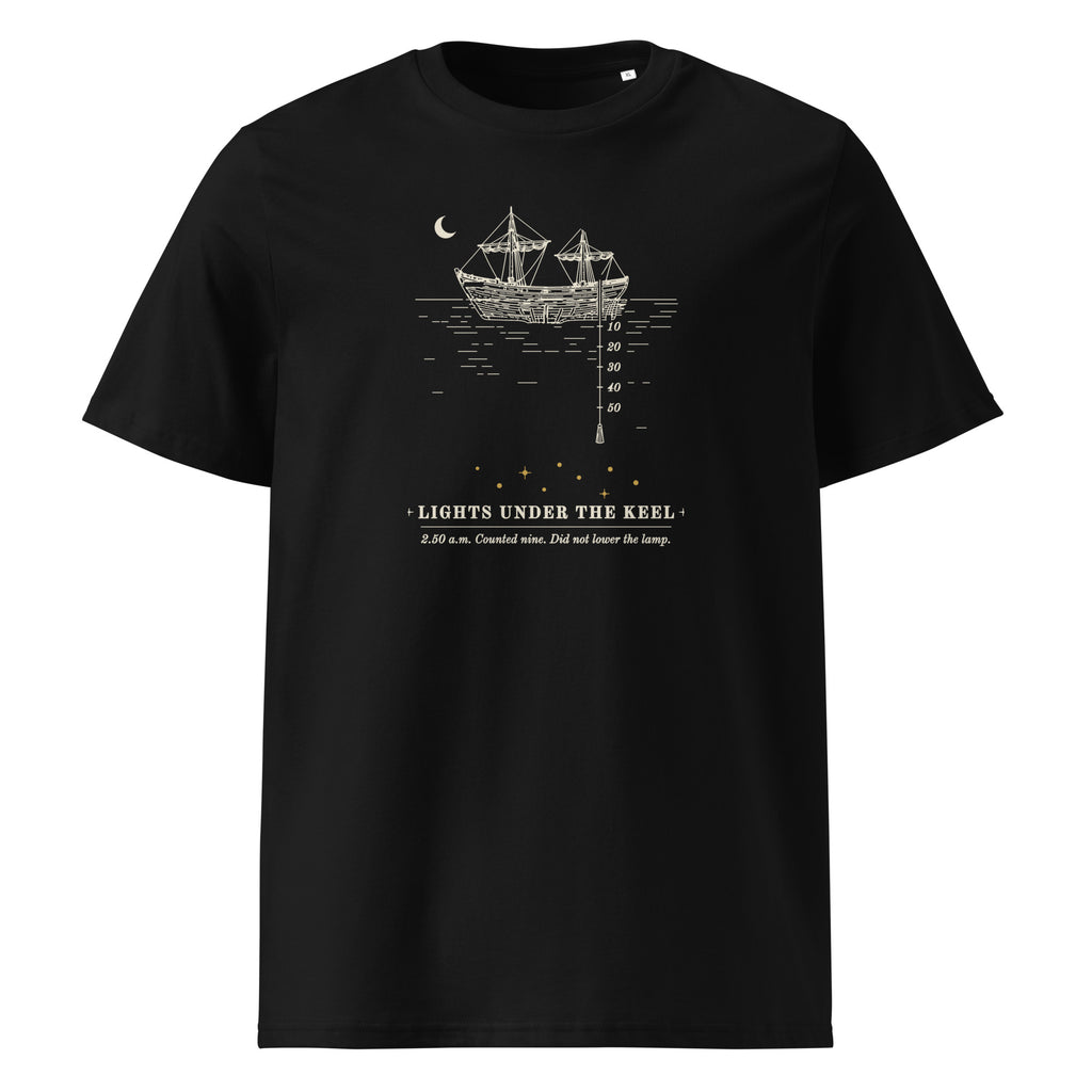 Lights Under the Keel t-shirt in Black: ship under a crescent moon, lead line to 50 fathoms, nine gold lights below