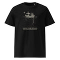 Lights Under the Keel t-shirt in Black: ship under a crescent moon, lead line to 50 fathoms, nine gold lights below