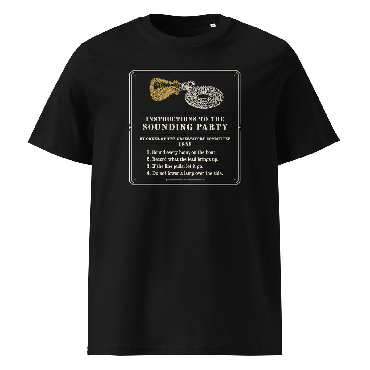 Instructions to the Sounding Party t-shirt in Black: Victorian notice, four numbered rules under a gold sounding lead