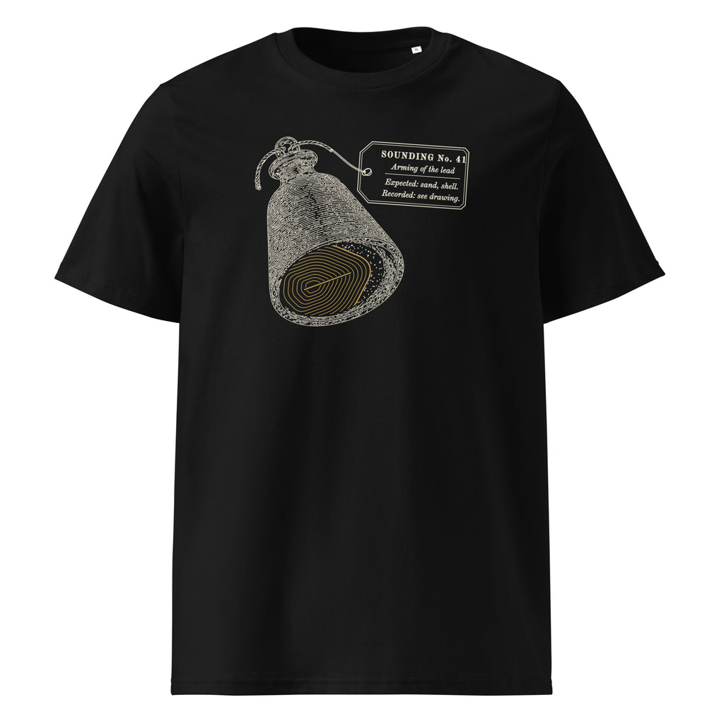 What Came Up in the Tallow t-shirt in Black: engraved sounding lead, base-on, a gold scale print and a specimen tag