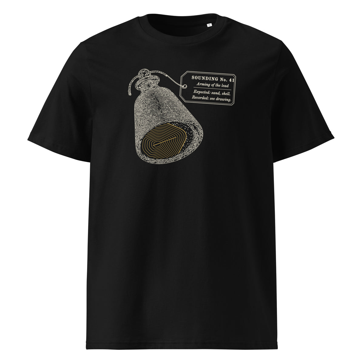 What Came Up in the Tallow t-shirt in Black: engraved sounding lead, base-on, a gold scale print and a specimen tag