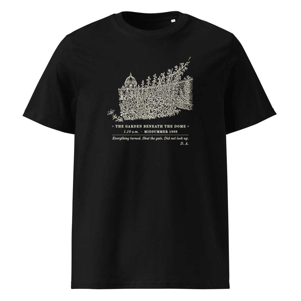 The Turn, Ten Past One t-shirt in Black: engraved garden, every plant leaning to a gold ray at the top, dome behind