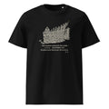 The Turn, Ten Past One t-shirt in Black: engraved garden, every plant leaning to a gold ray at the top, dome behind