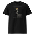 Pressed, Still Turning t-shirt in Black: herbarium sheet, a taped pressed flower with its gold head turned to the top