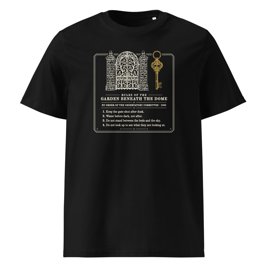 Rules of the Garden Beneath the Dome t-shirt in Black: Victorian notice, four rules under an iron gate and gold key
