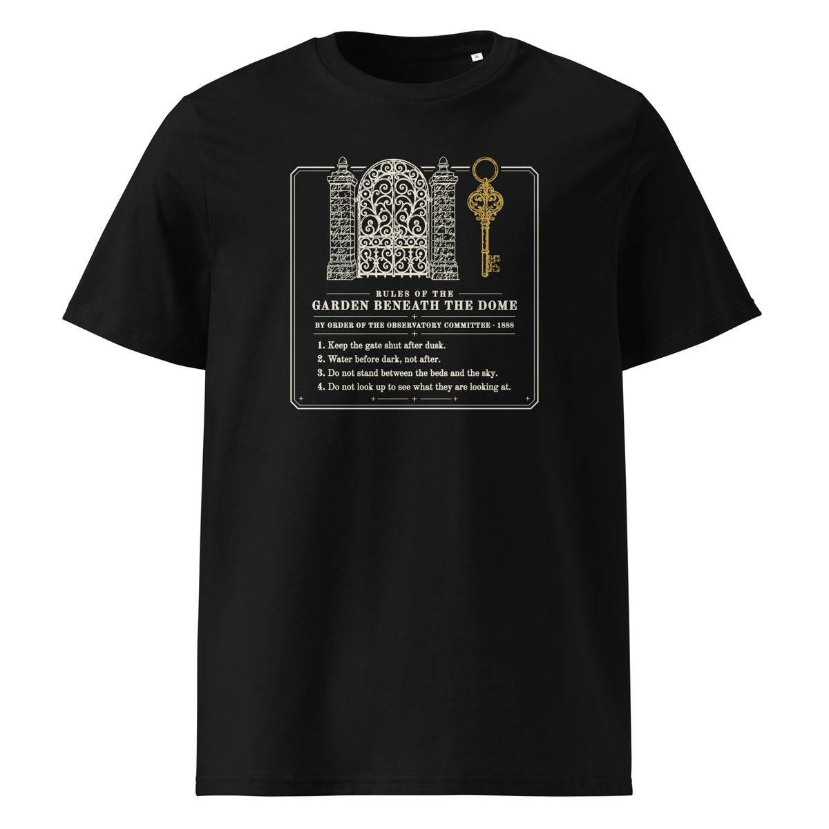 Rules of the Garden Beneath the Dome t-shirt in Black: Victorian notice, four rules under an iron gate and gold key
