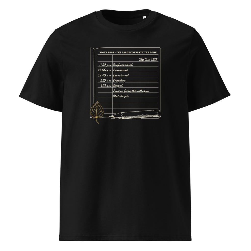 Night Book, Midsummer 1888 t-shirt in Black: ruled notebook page of timed entries, a pencil and a gold pressed leaf
