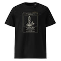 Germinates Facing Up t-shirt in Black: seed packet, a plant with upturned bells, a dome behind, gold seeds spilling