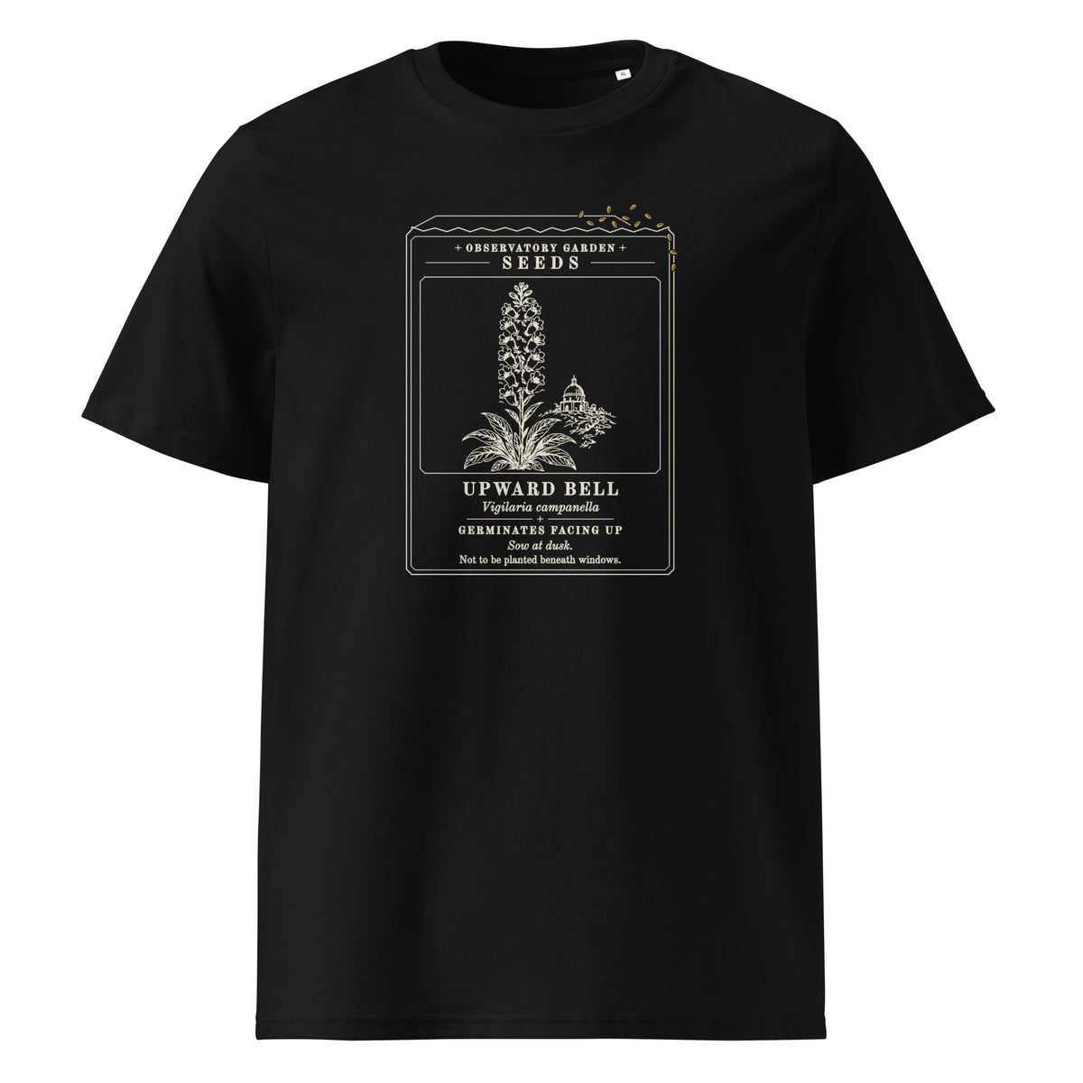 Germinates Facing Up t-shirt in Black: seed packet, a plant with upturned bells, a dome behind, gold seeds spilling